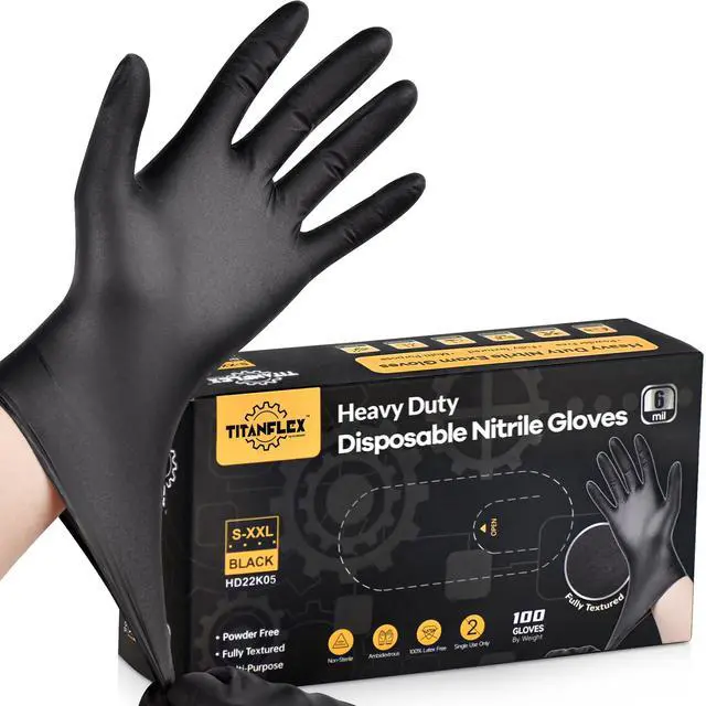 Main image of Heavy Duty Black Nitrile Gloves, 6-mil, Fully Textured, Large 100-ct Box, Mechanic Disposable Gloves, Work Gloves, Latex Free, Powder Free, Rubber Gloves for Food Prep