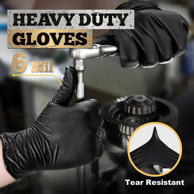 Alt view image 2 of 7 - Heavy Duty Black Nitrile Gloves, 6-mil, Fully Textured, Large 100-ct Box, Mechanic Disposable Gloves, Work Gloves, Latex Free, Powder Free, Rubber Gloves for Food Prep