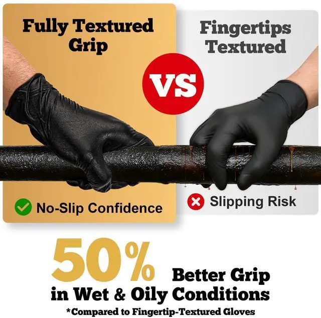 Alt view image 4 of 7 - Heavy Duty Black Nitrile Gloves, 6-mil, Fully Textured, Large 100-ct Box, Mechanic Disposable Gloves, Work Gloves, Latex Free, Powder Free, Rubber Gloves for Food Prep