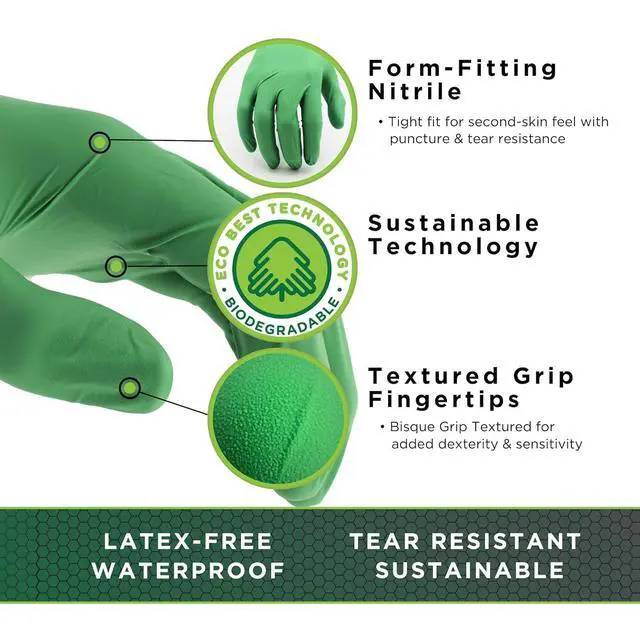 Alt view image 2 of 7 - 7705PFT Sustainable EBT Latex-Free, Powder-Free, Accelerator-Free, Nitrile Disposable Single Use Safety Gloves, 4 Mil, 9.5" Length, Medium (1 Box/100 Gloves)