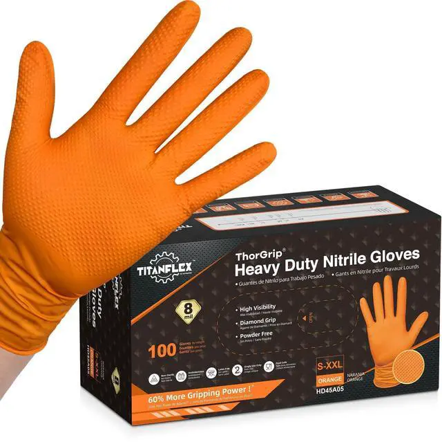 Main image of Heavy Duty Industrial Orange Nitrile Gloves, 8-mil, Gloves Disposable Latex Free with Raised Diamond Texture Grip, Powder Free, Rubber Glove, Mechanic Gloves,100-ct Box (Medium)