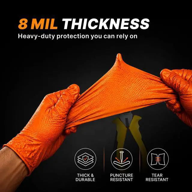 Alt view image 4 of 7 - Heavy Duty Industrial Orange Nitrile Gloves, 8-mil, Gloves Disposable Latex Free with Raised Diamond Texture Grip, Powder Free, Rubber Glove, Mechanic Gloves,100-ct Box (Medium)