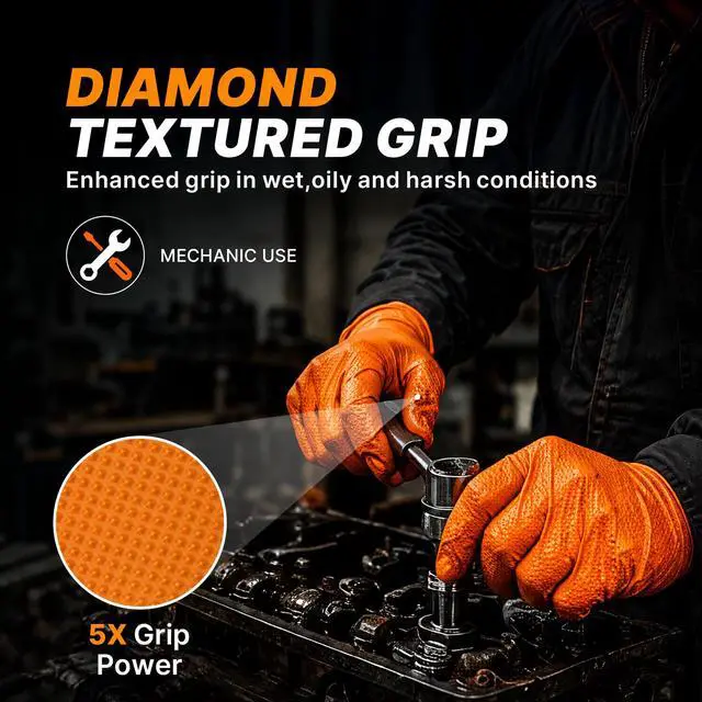 Alt view image 3 of 7 - Heavy Duty Industrial Orange Nitrile Gloves, 8-mil, Gloves Disposable Latex Free with Raised Diamond Texture Grip, Powder Free, Rubber Glove, Mechanic Gloves,100-ct Box (Medium)
