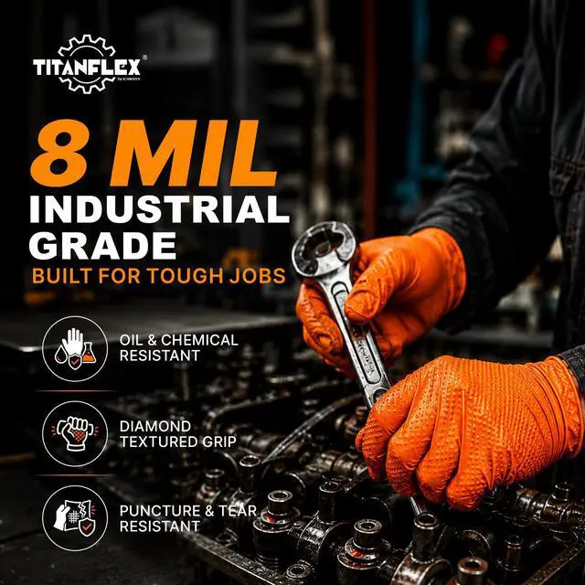 Alt view image 2 of 7 - Heavy Duty Industrial Orange Nitrile Gloves, 8-mil, Gloves Disposable Latex Free with Raised Diamond Texture Grip, Powder Free, Rubber Glove, Mechanic Gloves,100-ct Box (Medium)