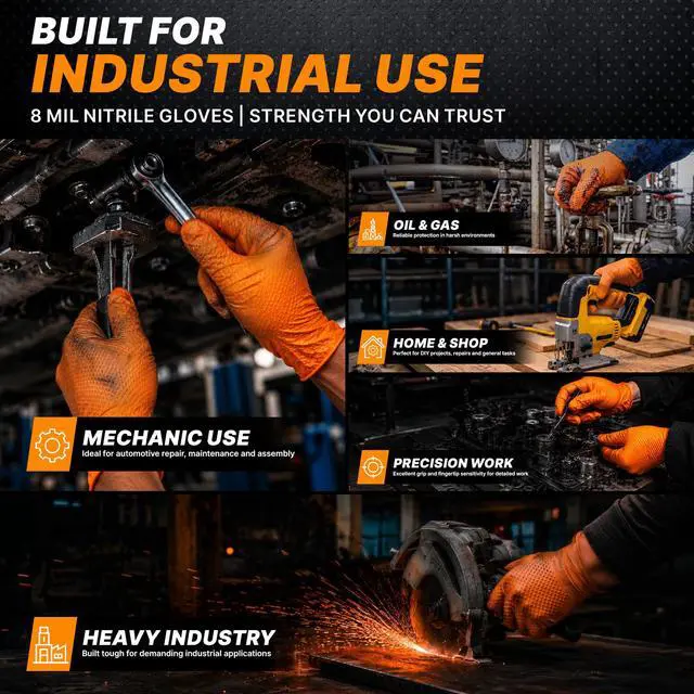 Alt view image 6 of 7 - Heavy Duty Industrial Orange Nitrile Gloves, 8-mil, Gloves Disposable Latex Free with Raised Diamond Texture Grip, Powder Free, Rubber Glove, Mechanic Gloves,100-ct Box (Medium)