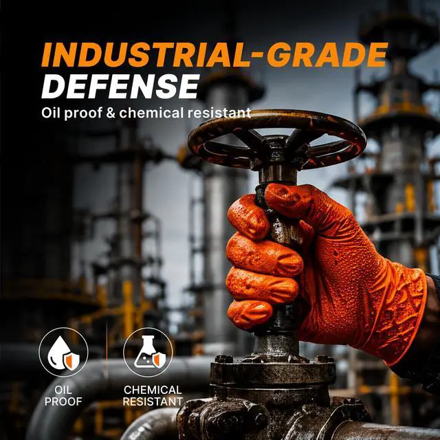 Alt view image 5 of 7 - Heavy Duty Industrial Orange Nitrile Gloves, 8-mil, Gloves Disposable Latex Free with Raised Diamond Texture Grip, Powder Free, Rubber Glove, Mechanic Gloves,100-ct Box (Medium)