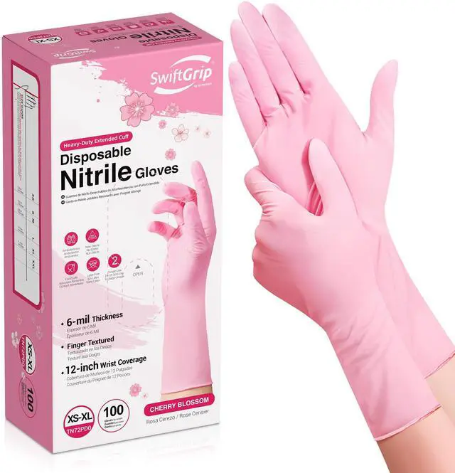 Main image of Disposable Nitrile Dishwashing Gloves, Extended 12 Inches Cuff, 6-mil, Medium, Cherry Blossom Cleaning Gloves for Latex-Free, Ideal for Cooking, Hair Dye, Spa (Box of 100)