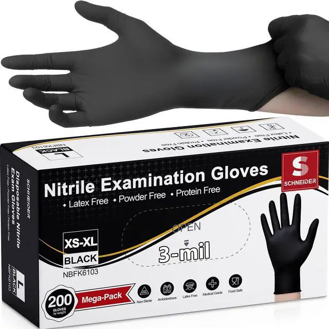 Main image of Nitrile Exam Gloves, Black Latex Free Powder Free Disposable Gloves for Medical, Cooking, Cleaning, and Food Prep (Medium, 200)