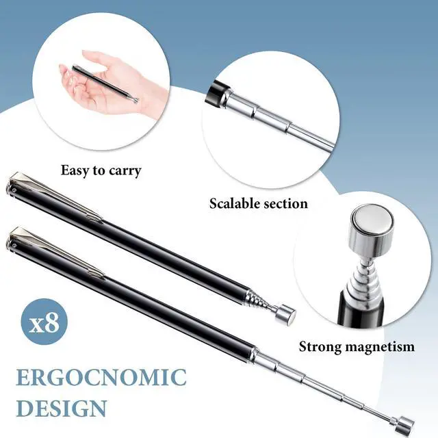 Alt view image 3 of 6 - 8 Pieces Telescoping Magnetic Pick up Tool Grabbers Reacher Tools with Pocket Clip 25 Inch Telescopic Retrieving Magnet Gift for Man, Father, Mechanic, Handyman, Husband (Black)