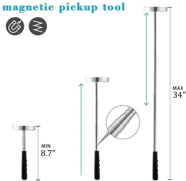Alt view image 2 of 7 - Telescoping Magnetic Sweeper Pickup Tool, Screws Parts Finder with 35LB Pull Capacity, Retractable 8.6" to 33" with Strong Magnet, Pick up Nails, Screws, and Metal Parts