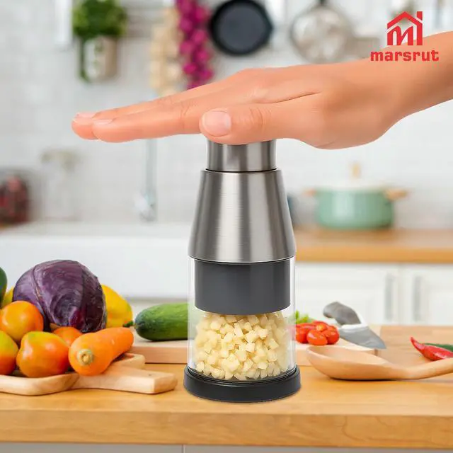 Alt view image 4 of 7 - Pressed Garlic Chopper Stainless Steel, Mini Manual Masher Crusher, Multifunctional Handheld Pressure Choppers Aid, Hard Compact Mincing Dicer Press Purpose for Kitchen Food Vegetable Onion, Silver