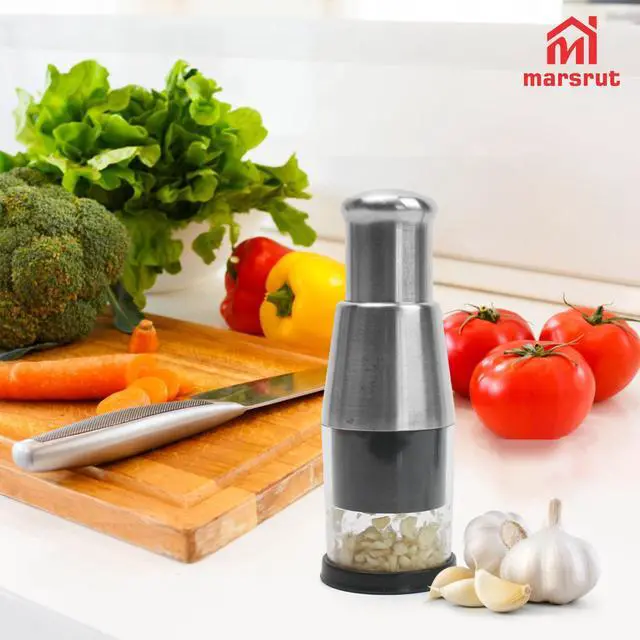 Alt view image 3 of 7 - Pressed Garlic Chopper Stainless Steel, Mini Manual Masher Crusher, Multifunctional Handheld Pressure Choppers Aid, Hard Compact Mincing Dicer Press Purpose for Kitchen Food Vegetable Onion, Silver