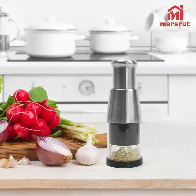 Alt view image 5 of 7 - Pressed Garlic Chopper Stainless Steel, Mini Manual Masher Crusher, Multifunctional Handheld Pressure Choppers Aid, Hard Compact Mincing Dicer Press Purpose for Kitchen Food Vegetable Onion, Silver