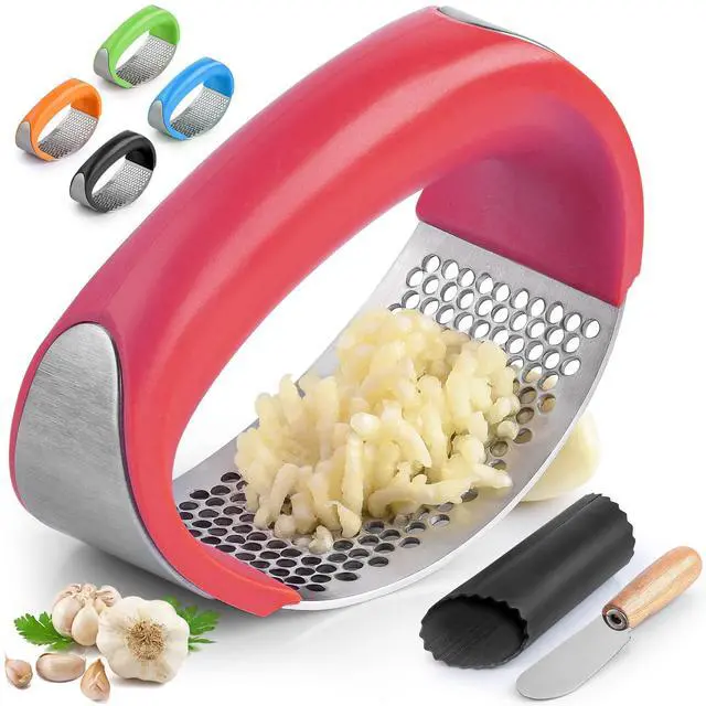 Main image of Stainless Steel Garlic Press Rocker Set - Premium Garlic Mincer Garlic Crusher - New Innovative Garlic Crusher with Peeler and Scraper - Comfortable Grip (Red)