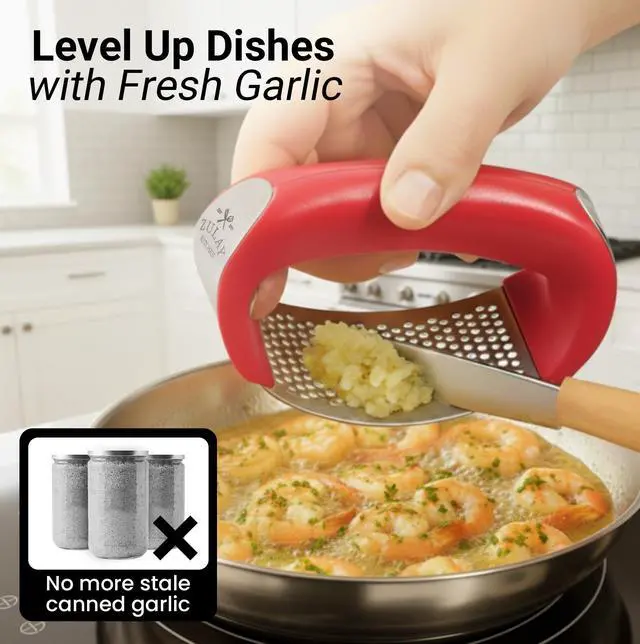 Alt view image 3 of 7 - Stainless Steel Garlic Press Rocker Set - Premium Garlic Mincer Garlic Crusher - New Innovative Garlic Crusher with Peeler and Scraper - Comfortable Grip (Red)