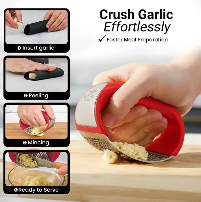 Alt view image 4 of 7 - Stainless Steel Garlic Press Rocker Set - Premium Garlic Mincer Garlic Crusher - New Innovative Garlic Crusher with Peeler and Scraper - Comfortable Grip (Red)