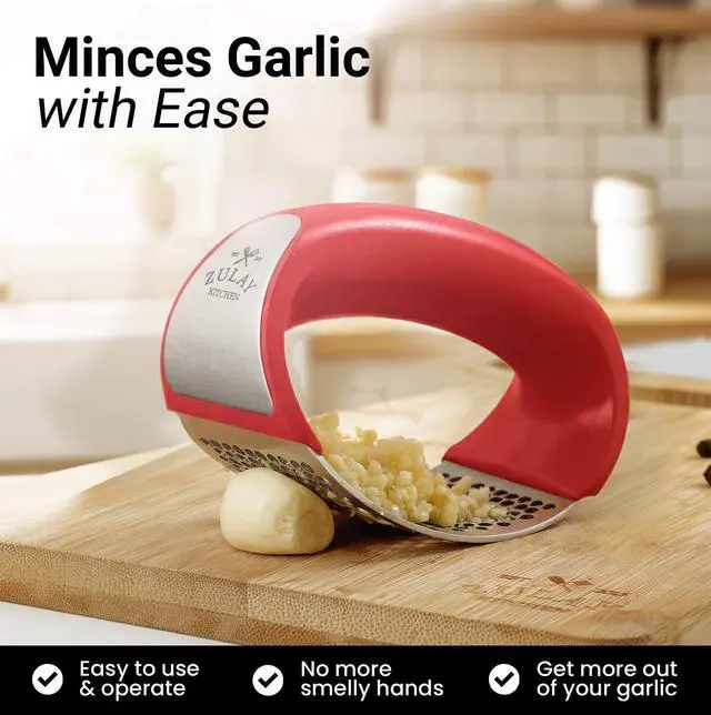 Alt view image 2 of 7 - Stainless Steel Garlic Press Rocker Set - Premium Garlic Mincer Garlic Crusher - New Innovative Garlic Crusher with Peeler and Scraper - Comfortable Grip (Red)