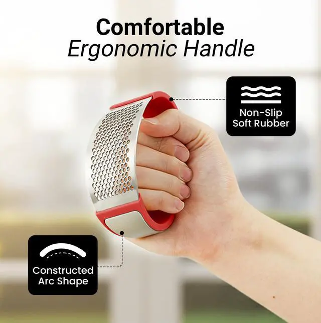 Alt view image 5 of 7 - Stainless Steel Garlic Press Rocker Set - Premium Garlic Mincer Garlic Crusher - New Innovative Garlic Crusher with Peeler and Scraper - Comfortable Grip (Red)