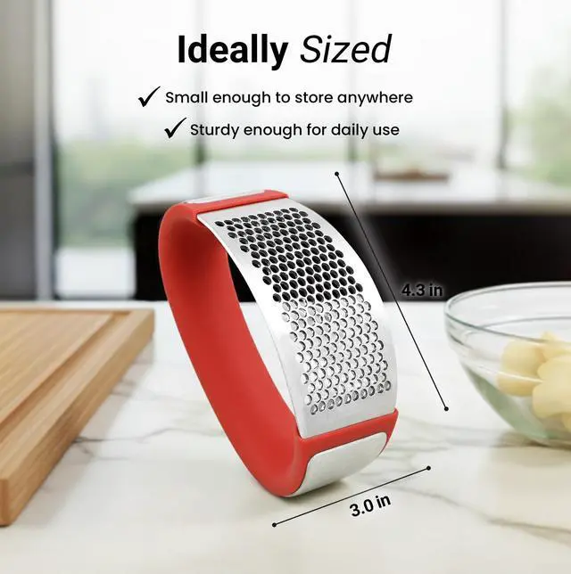 Alt view image 7 of 7 - Stainless Steel Garlic Press Rocker Set - Premium Garlic Mincer Garlic Crusher - New Innovative Garlic Crusher with Peeler and Scraper - Comfortable Grip (Red)