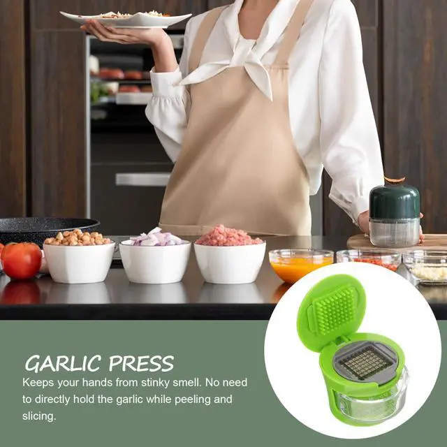 Alt view image 6 of 7 - 1PC Mini Garlic Chopper with Container, Manual Garlic Press with Stainless Steel Blade, Handheld Mincer Presser Kitchen Gadget- 2.5x2.5x2.9''
