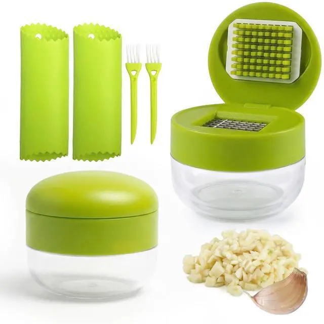 Main image of 2-Pack 3-in-1 Garlic Press Set, Stainless Steel Garlic Mincer with Garlic Peeler & Cleaning Brush, Garlic Crusher Tool with Storage Container for Kitchen Cooking (Green)