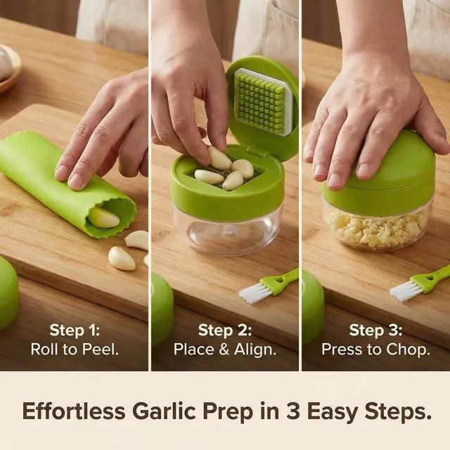 Alt view image 3 of 7 - 2-Pack 3-in-1 Garlic Press Set, Stainless Steel Garlic Mincer with Garlic Peeler & Cleaning Brush, Garlic Crusher Tool with Storage Container for Kitchen Cooking (Green)