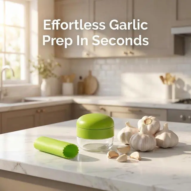 Alt view image 6 of 7 - 2-Pack 3-in-1 Garlic Press Set, Stainless Steel Garlic Mincer with Garlic Peeler & Cleaning Brush, Garlic Crusher Tool with Storage Container for Kitchen Cooking (Green)