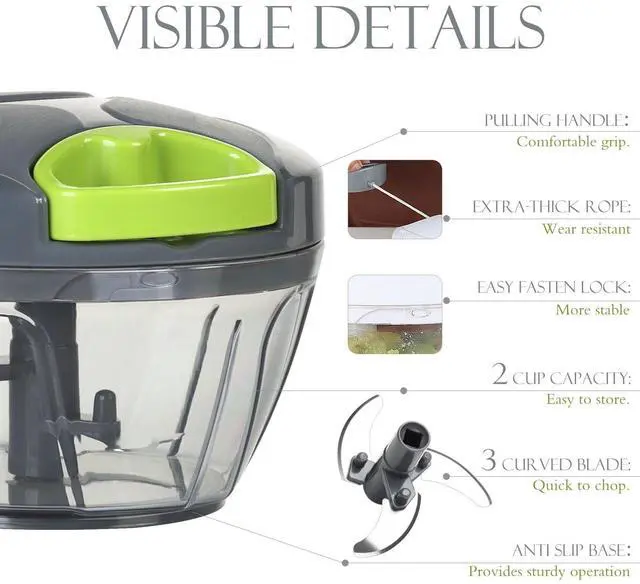 Alt view image 4 of 7 - Manual Food Processor Vegetable Chopper, Portable Hand Pull String Garlic Mincer Onion Cutter for Veggies, Ginger, Fruits, Nuts, Herbs, etc., 500ml, Grey