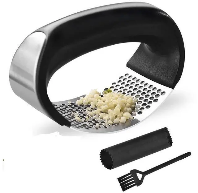 Main image of Garlic Press Rocker Stainless Steel Ginger Crusher Squeezer Kitchen Gadget with Ergonomic handle, Silicone Tube Garlic Peeler and Cleaning Brush Tool Set
