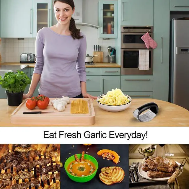 Alt view image 7 of 7 - Garlic Press Rocker Stainless Steel Ginger Crusher Squeezer Kitchen Gadget with Ergonomic handle, Silicone Tube Garlic Peeler and Cleaning Brush Tool Set