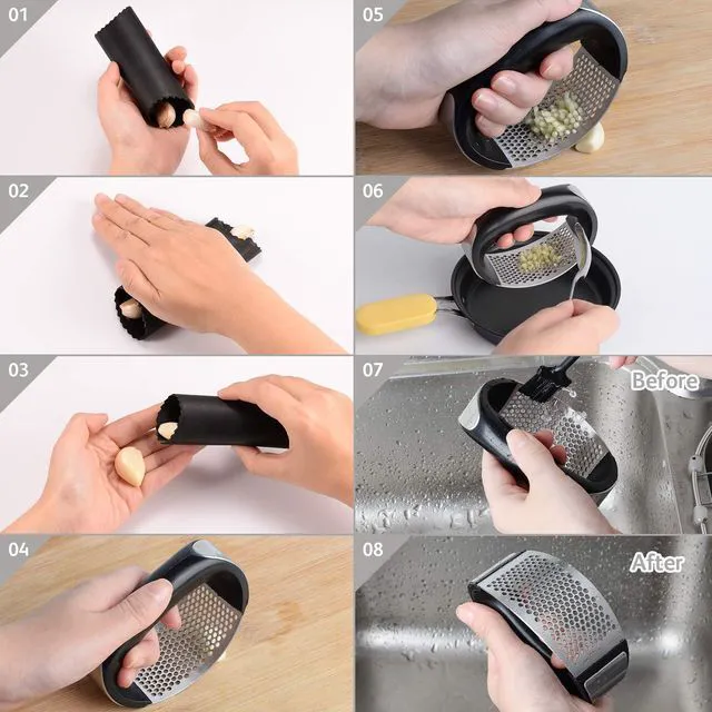 Alt view image 6 of 7 - Garlic Press Rocker Stainless Steel Ginger Crusher Squeezer Kitchen Gadget with Ergonomic handle, Silicone Tube Garlic Peeler and Cleaning Brush Tool Set