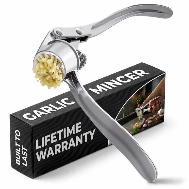Main image of Metal Garlic Press - Ginger Mincer with 37 Built-In Studs for Maximum Extraction, Garlic Crusher for Ginger and Soft Nuts, Rust-Resistant, Ergonomic Handle, No Peel Needed, Hand Wash Only, Silver