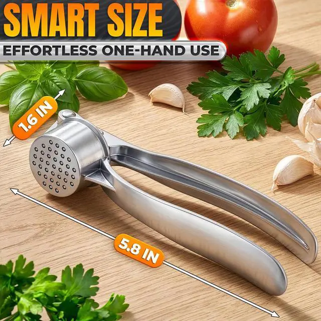 Alt view image 2 of 7 - Metal Garlic Press - Ginger Mincer with 37 Built-In Studs for Maximum Extraction, Garlic Crusher for Ginger and Soft Nuts, Rust-Resistant, Ergonomic Handle, No Peel Needed, Hand Wash Only, Silver