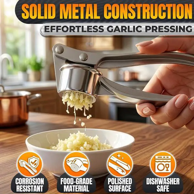 Alt view image 3 of 7 - Metal Garlic Press - Ginger Mincer with 37 Built-In Studs for Maximum Extraction, Garlic Crusher for Ginger and Soft Nuts, Rust-Resistant, Ergonomic Handle, No Peel Needed, Hand Wash Only, Silver