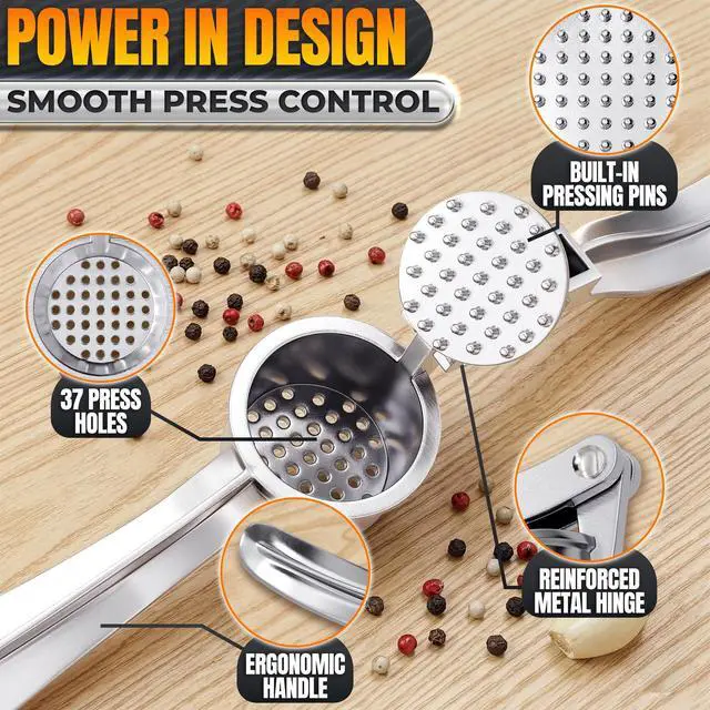 Alt view image 4 of 7 - Metal Garlic Press - Ginger Mincer with 37 Built-In Studs for Maximum Extraction, Garlic Crusher for Ginger and Soft Nuts, Rust-Resistant, Ergonomic Handle, No Peel Needed, Hand Wash Only, Silver