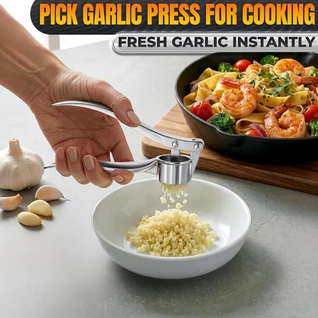 Alt view image 5 of 7 - Metal Garlic Press - Ginger Mincer with 37 Built-In Studs for Maximum Extraction, Garlic Crusher for Ginger and Soft Nuts, Rust-Resistant, Ergonomic Handle, No Peel Needed, Hand Wash Only, Silver