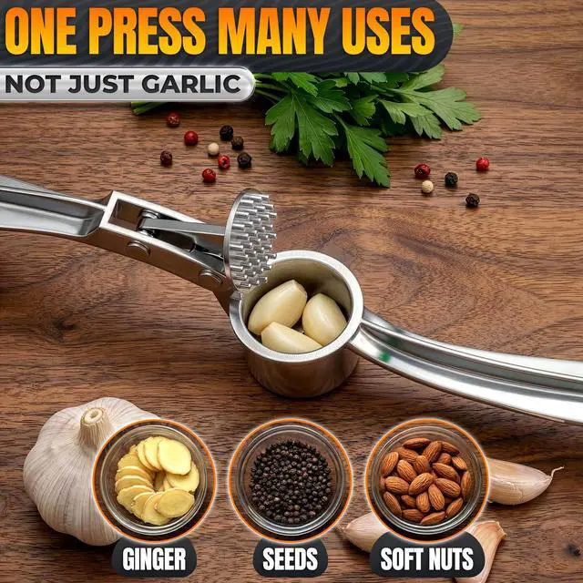 Alt view image 6 of 7 - Metal Garlic Press - Ginger Mincer with 37 Built-In Studs for Maximum Extraction, Garlic Crusher for Ginger and Soft Nuts, Rust-Resistant, Ergonomic Handle, No Peel Needed, Hand Wash Only, Silver