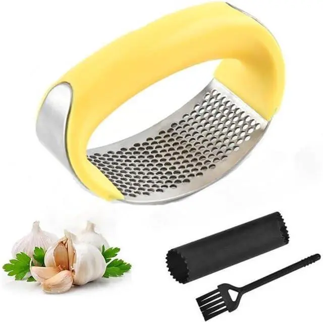Main image of Stainless Steel Garlic Press Rocker Set with Silicone Garlic Peeler & Cleaning Brush Garlic Chopper, Mincer, Grater, Crusher Easy for Crushed Cloves Rust-Resistant, Yellow