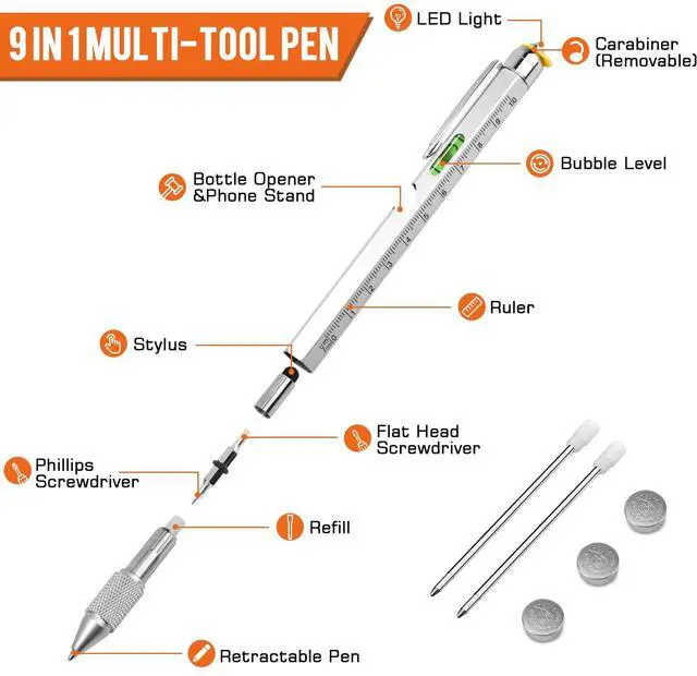 Alt view image 2 of 7 - 9 in 1 Multi-Tool Pen for Men, Tools with Ballpoint Pen, Screwdrivers, LED Light, Ruler, Stylus, Bubble Level and Bottle Opener, Practical Fathers Day Birthday Gifts for Men Dad Handyman DIY Lovers