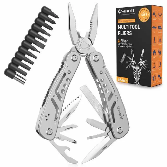 Main image of 26-in-1 MultitoolProfessional Stainless Steel Multi Tools Multitool Pliers Pliers Pocket Knife with Heavy Duty Screwdriver Sleeve, Replaceable Bits Multitools for Outdoor, (silvery)