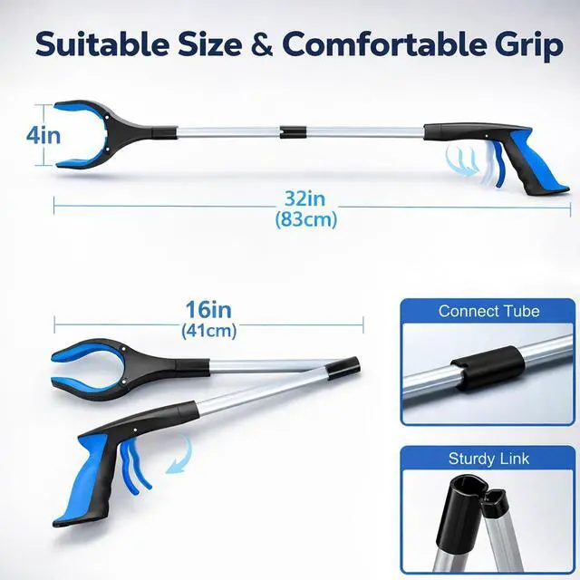 Alt view image 2 of 7 - Grabber Reacher Tool - 32 Extra Long Foldable Gripper and Reaching Tool - Heavy Duty Pick Up Stick Grabbers for Seniors, Trash, Surgery Recovery Must Haves Gifts (Blue)