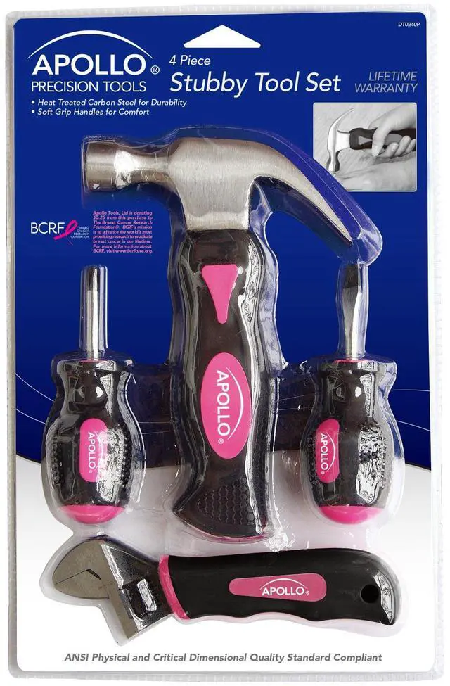 Alt view image 2 of 6 - Tools 4 Piece Stubby Tool Set for Small Hands and Tight Spaces. Convenient, Compact Small Tool Set includes Mini Hammer, Mini Screwdriver Set, Mini Wrench - Pink Ribbon - Pink - DT0240P