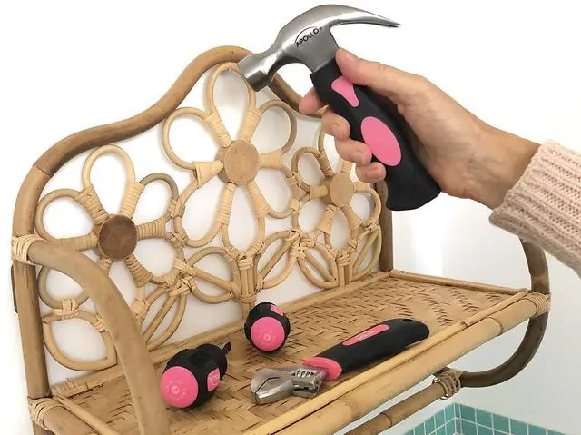 Alt view image 3 of 6 - Tools 4 Piece Stubby Tool Set for Small Hands and Tight Spaces. Convenient, Compact Small Tool Set includes Mini Hammer, Mini Screwdriver Set, Mini Wrench - Pink Ribbon - Pink - DT0240P
