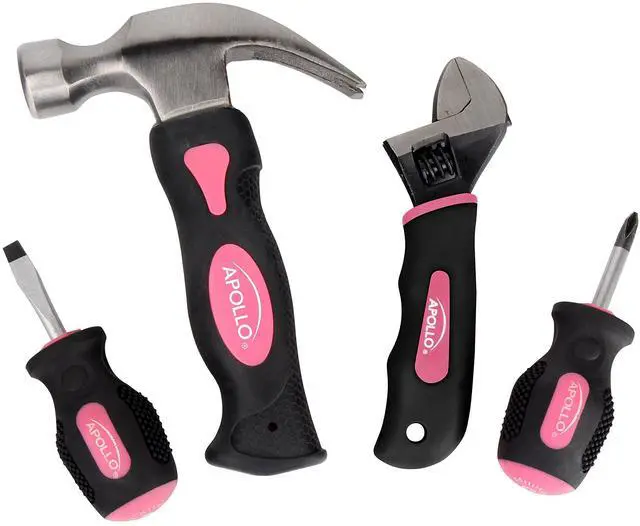 Main image of Tools 4 Piece Stubby Tool Set for Small Hands and Tight Spaces. Convenient, Compact Small Tool Set includes Mini Hammer, Mini Screwdriver Set, Mini Wrench - Pink Ribbon - Pink - DT0240P