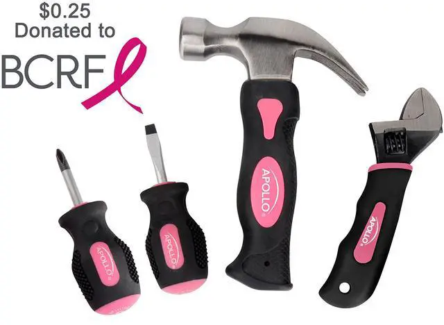 Alt view image 5 of 6 - Tools 4 Piece Stubby Tool Set for Small Hands and Tight Spaces. Convenient, Compact Small Tool Set includes Mini Hammer, Mini Screwdriver Set, Mini Wrench - Pink Ribbon - Pink - DT0240P