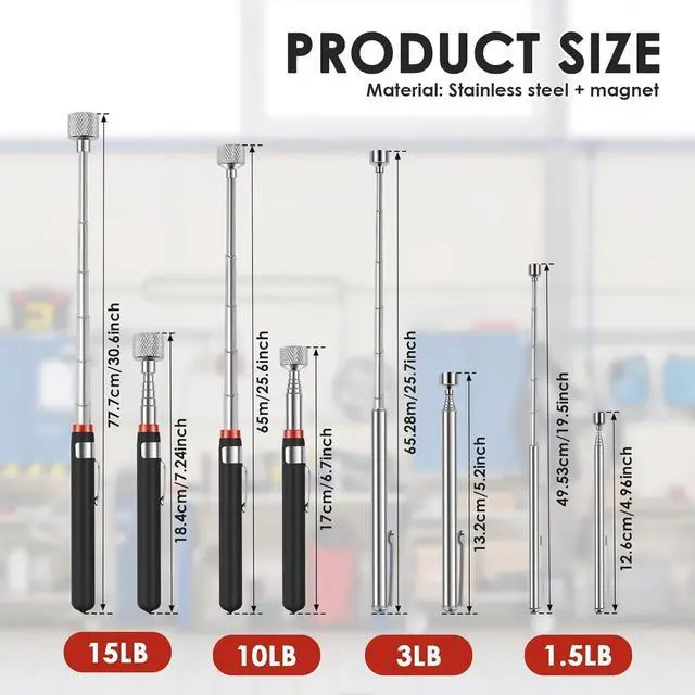 Alt view image 3 of 7 - 4Pcs Telescoping Magnetic Pickup Tool 1.5LB 3LB 10LB 15LB Extendable Magnet Stick Set Grabber Tools Stainless Steel Portable Bolt Screws Reacher Magnetic Nail Picker for Men Husband Birthday Christmas