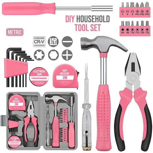 Alt view image 2 of 7 - 24Pcs Pink Home Repair Tool Kit for Women - Compact Mini Starter Hardware Set with Hammer, Pliers, Screwdrivers - Portable Household Hand Tools, Ideal Christmas & New Year Gift for Ladies