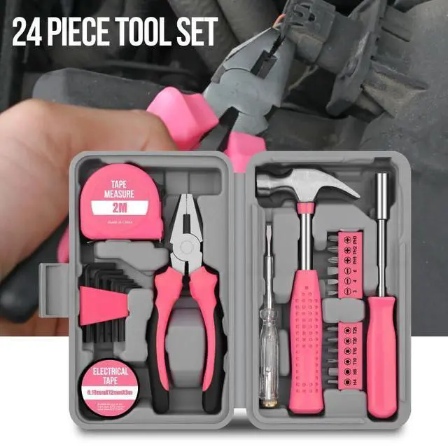 Alt view image 5 of 7 - 24Pcs Pink Home Repair Tool Kit for Women - Compact Mini Starter Hardware Set with Hammer, Pliers, Screwdrivers - Portable Household Hand Tools, Ideal Christmas & New Year Gift for Ladies