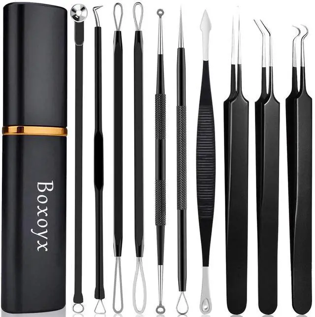 Main image of Pimple Popper Tool Kit - Boxoyx 10 Pcs Blackhead Remover Comedone Extractor Kit with Box for Quick and Easy Removal of Pimples, Blackheads, Zit Removing, Forehead,Facial and Nose (Black)