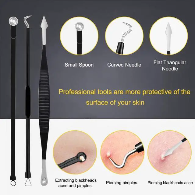 Alt view image 3 of 7 - Pimple Popper Tool Kit - Boxoyx 10 Pcs Blackhead Remover Comedone Extractor Kit with Box for Quick and Easy Removal of Pimples, Blackheads, Zit Removing, Forehead,Facial and Nose (Black)